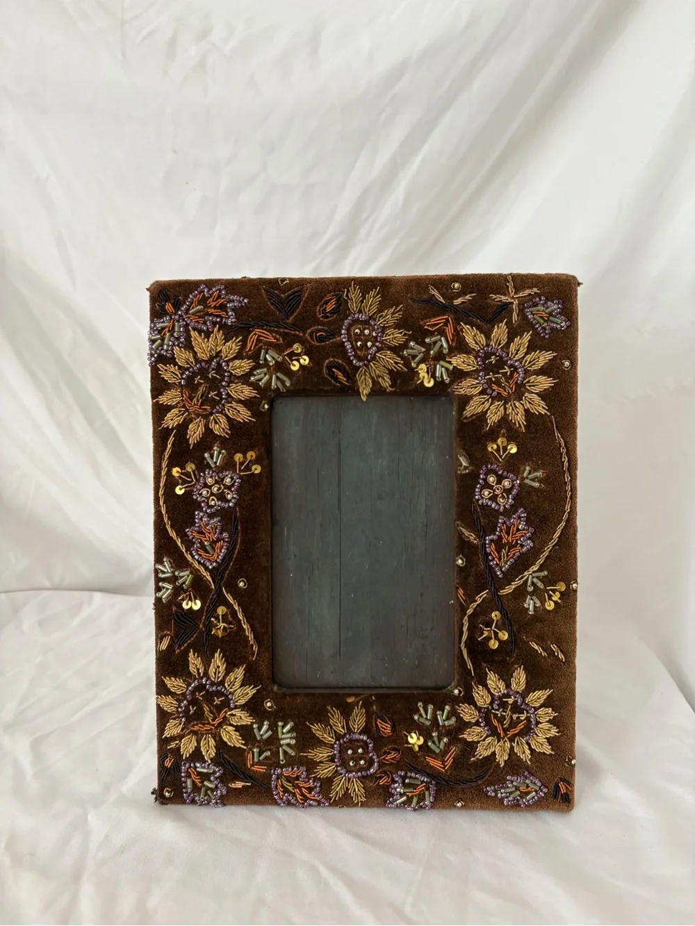 Vintage 90s beaded whimsygoth picture frame velvet embroidered floral home decor